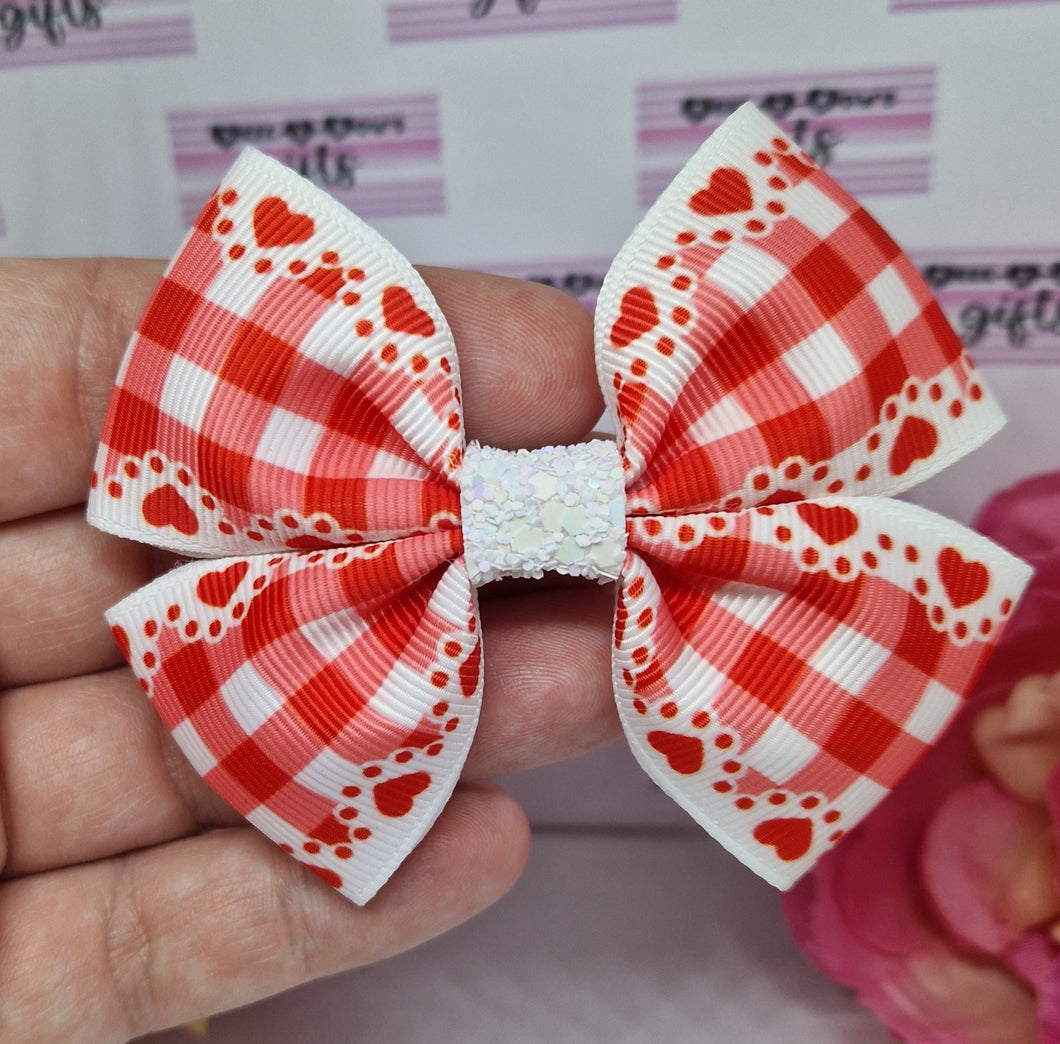 Medium red gingham hearts ribbon bow