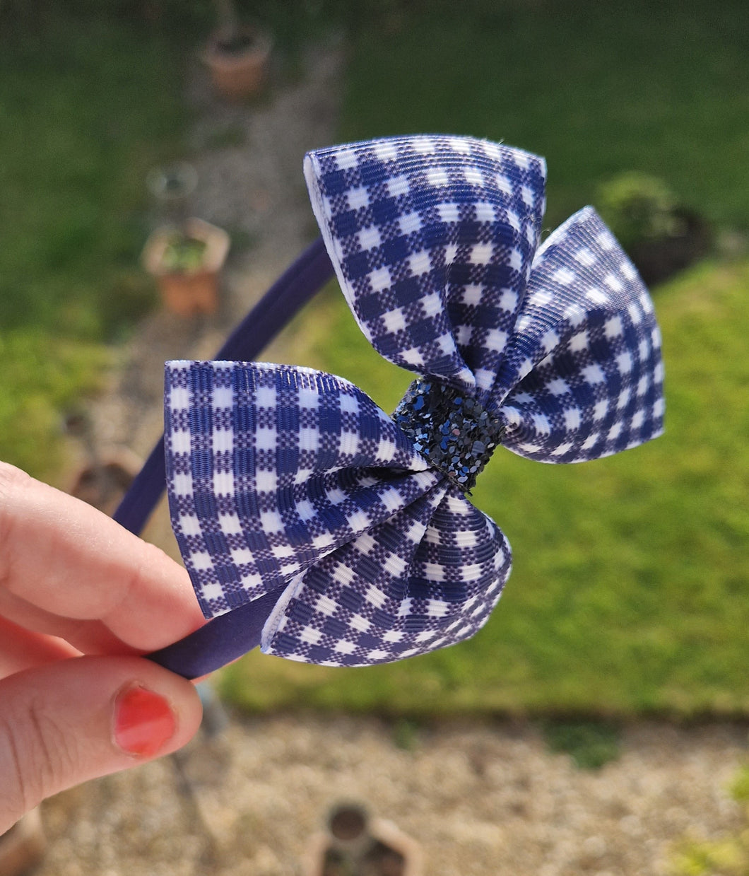 Navy gingham ribbon bow headband