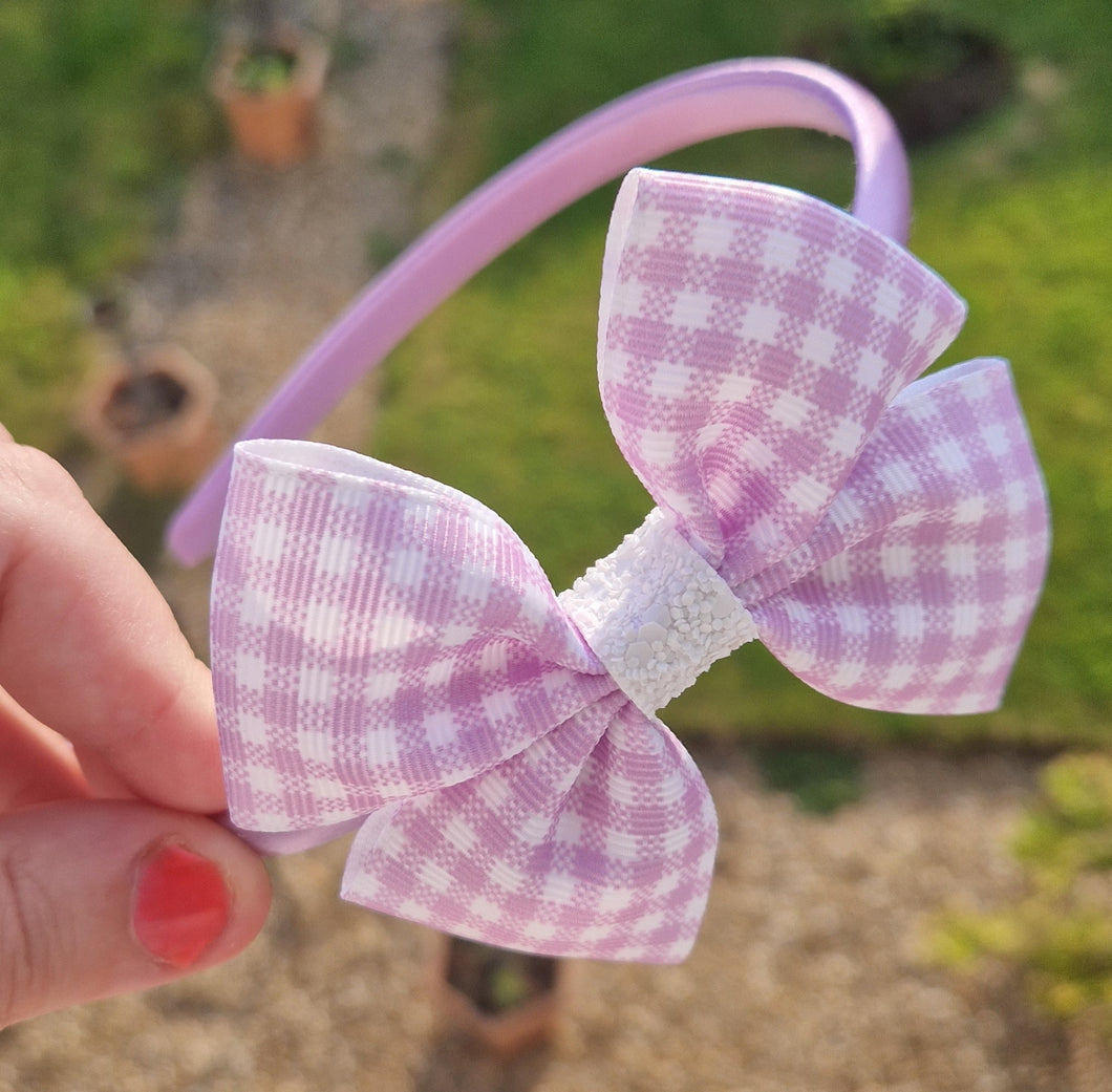 Lilac gingham ribbon bow headband