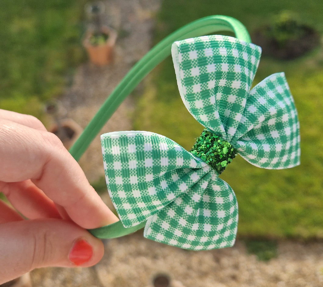 Green gingham ribbon bow headband