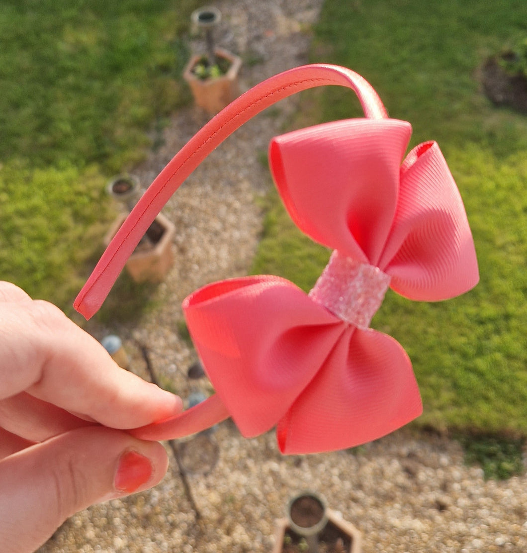 Coral rose ribbon bow headband