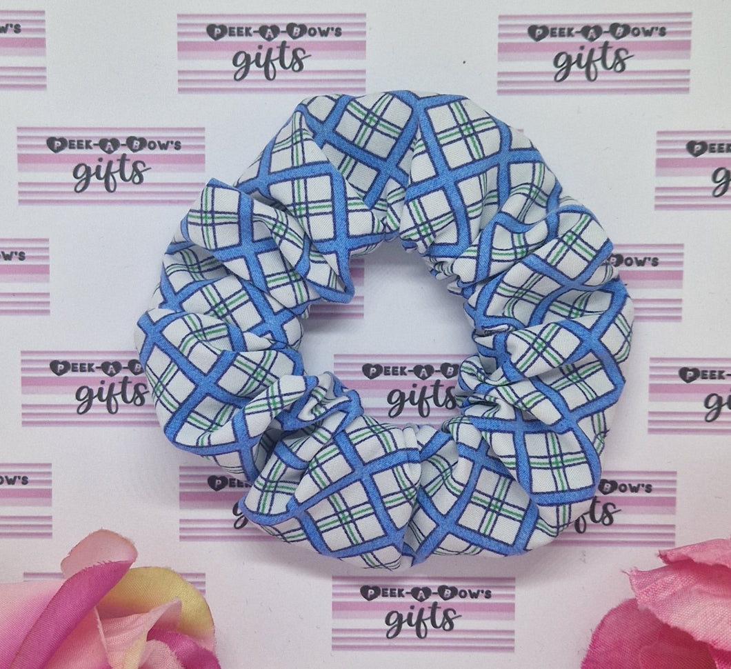 Blue and green check scrunchie