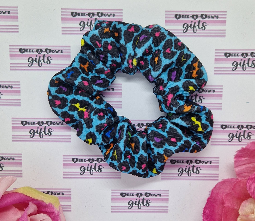 Blue rainbow leopard print scrunchie