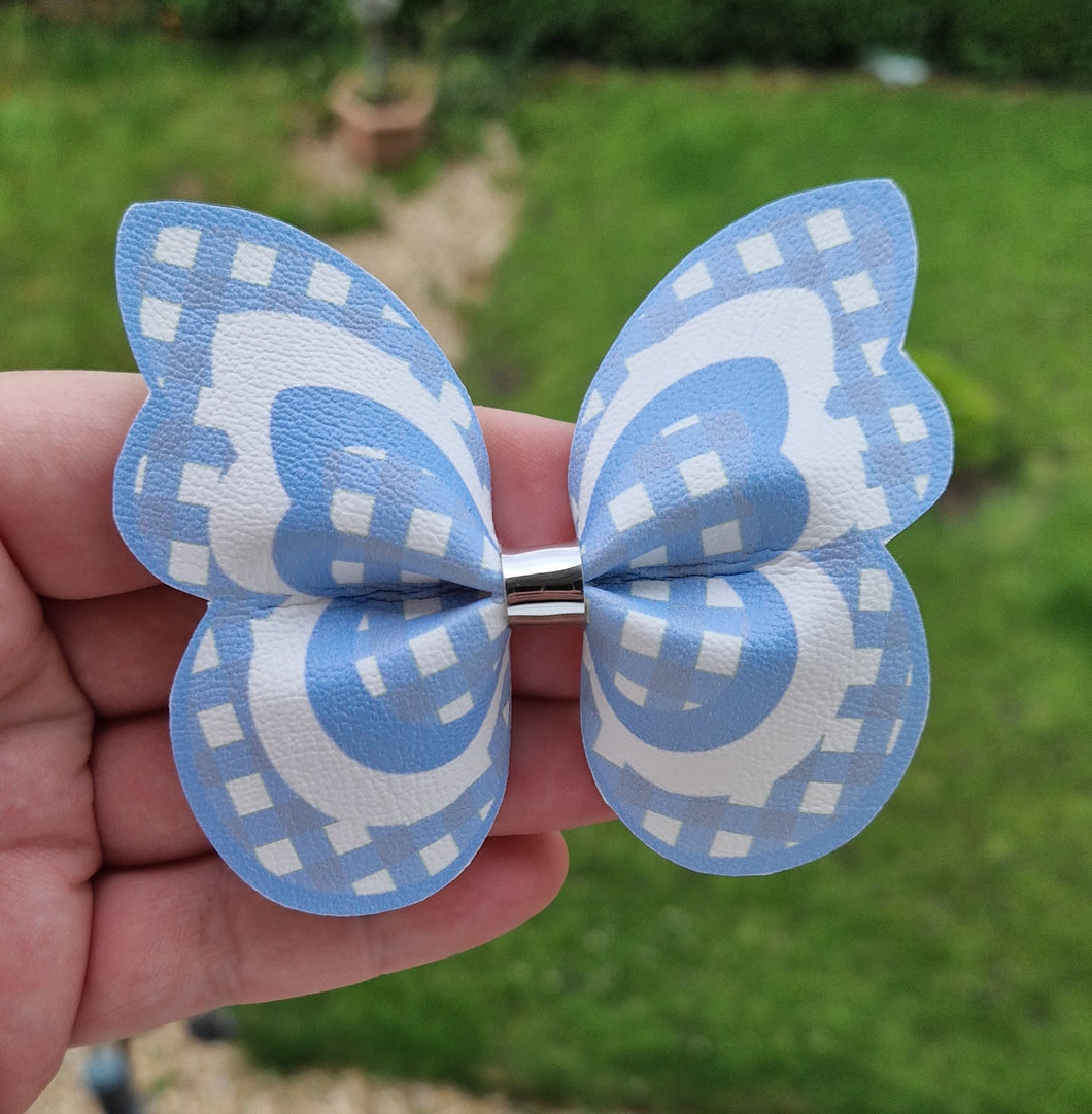 Light blue gingham butterfly pinch bow