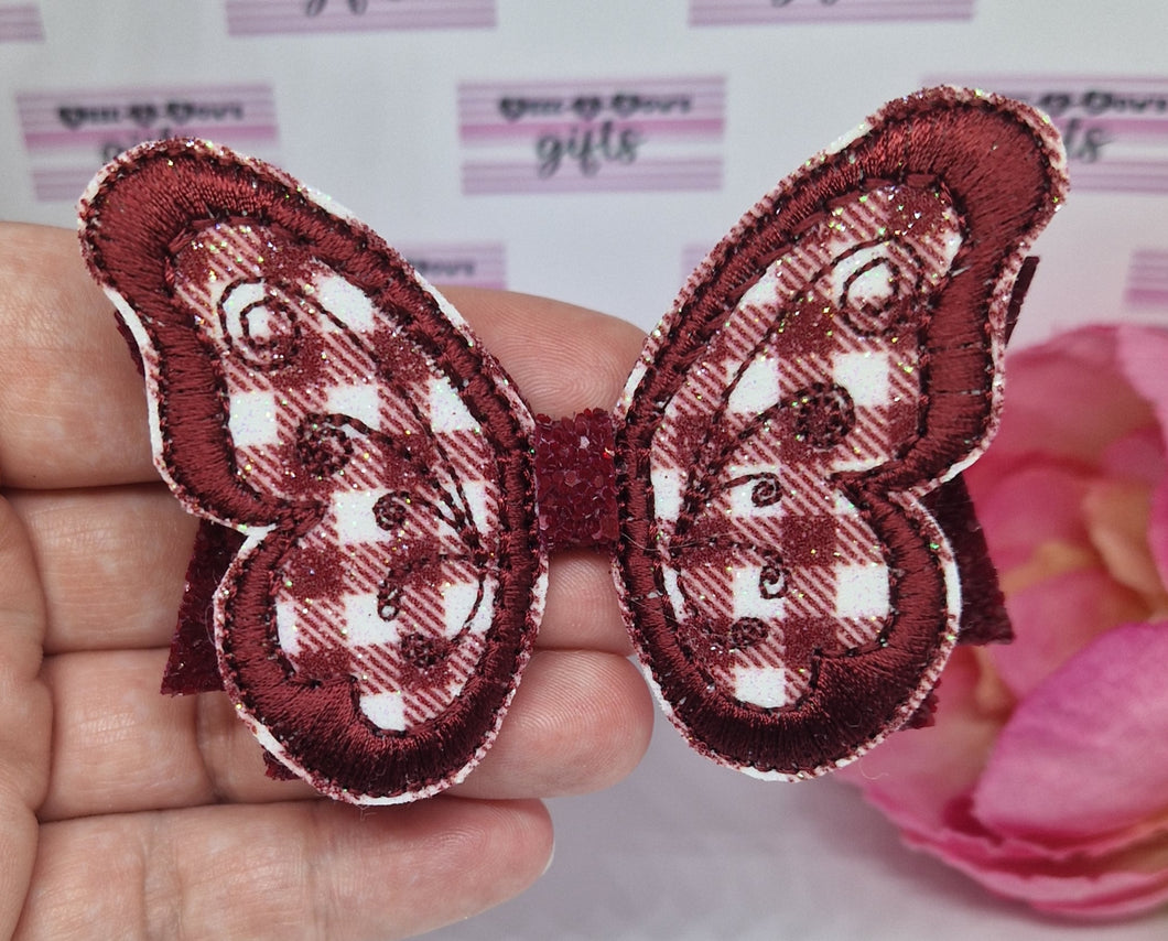 Burgundy gingham butterfly dolly bow