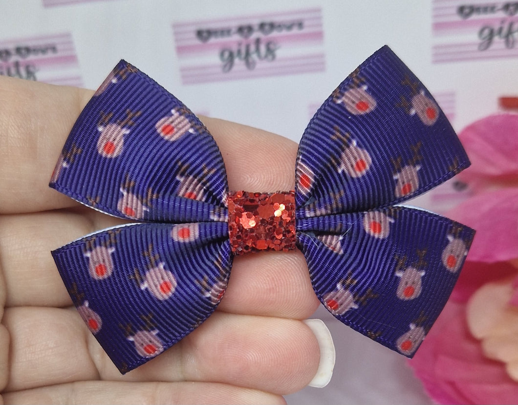 Navy reindeer small ribbon bow