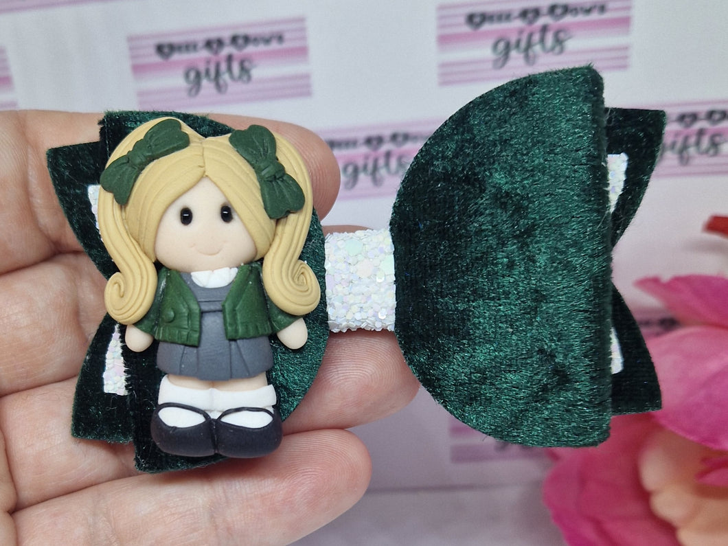 Dark green blonde pigtails clay girl bow