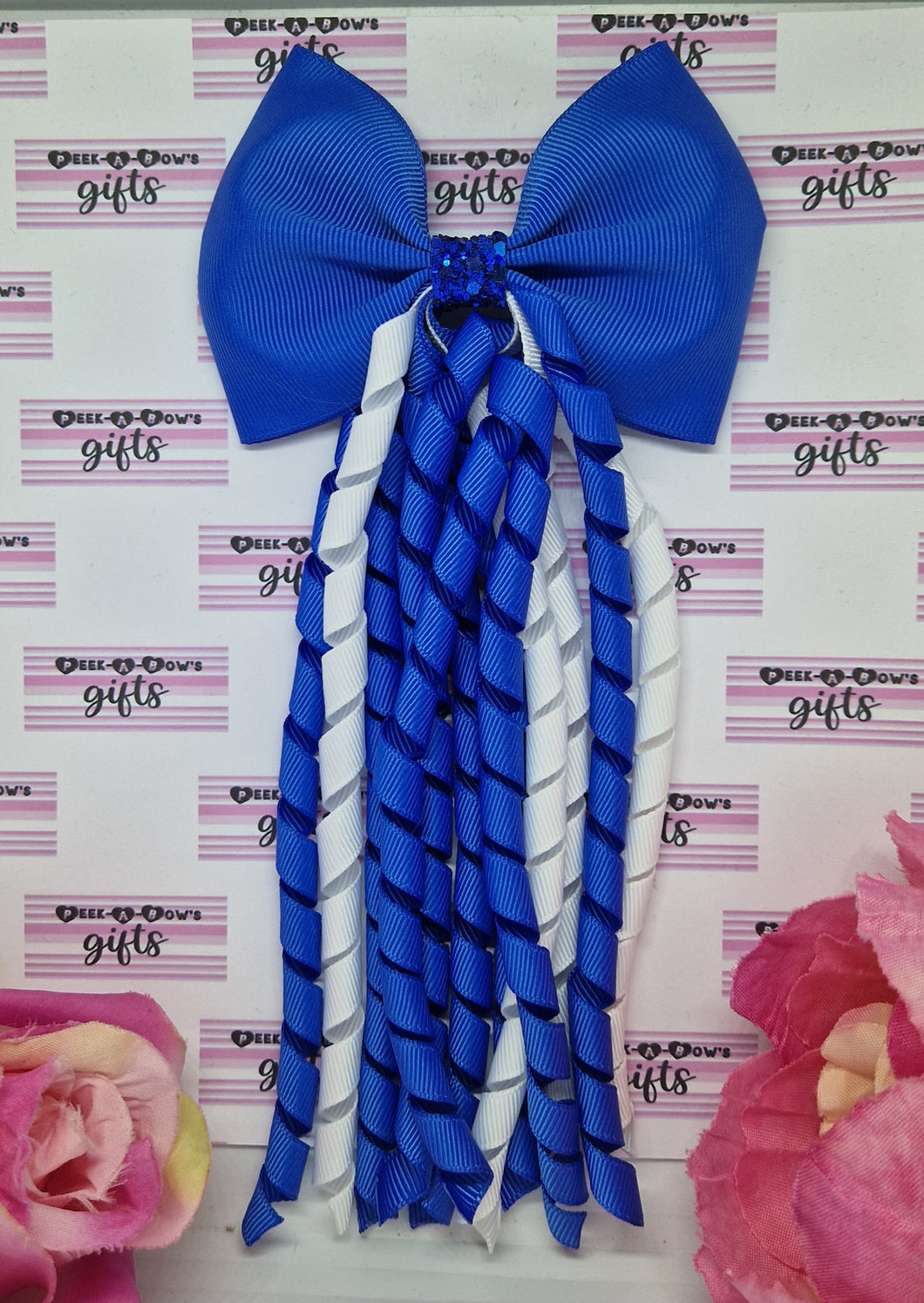 Royal and white korker ribbon bow