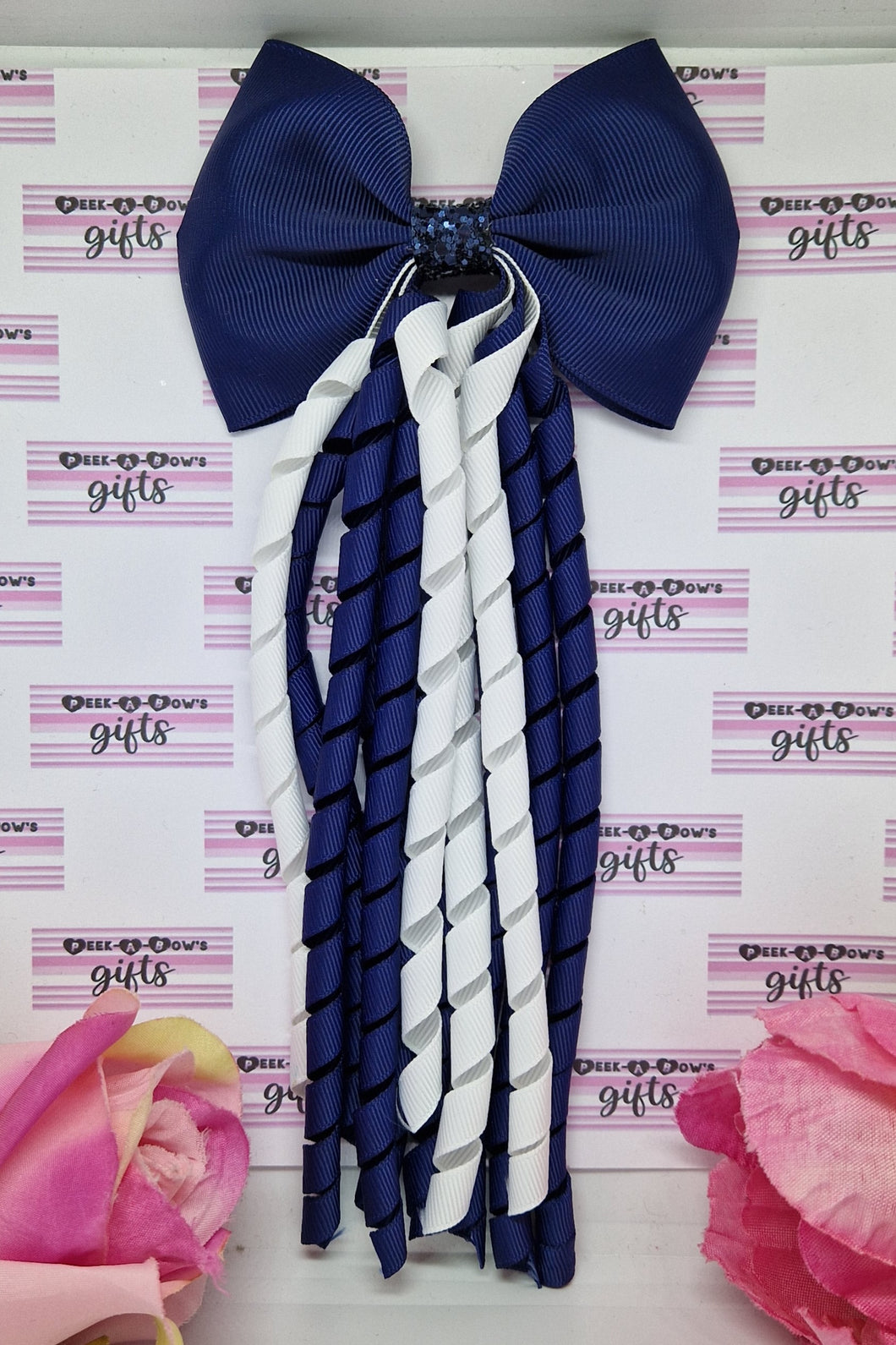 Navy and white korker bow