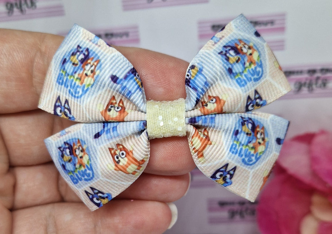 Small blue and yellow dog ribbon bow