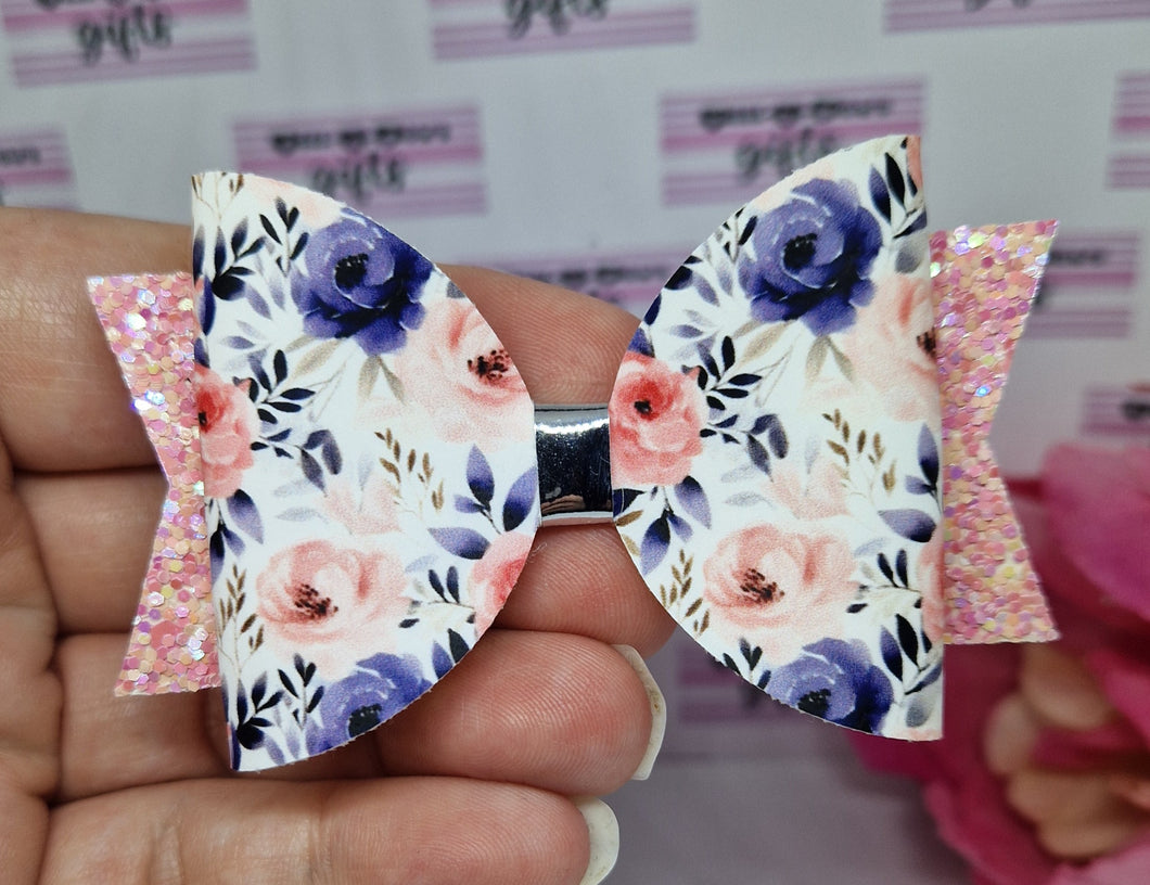 Pink and navy floral bow