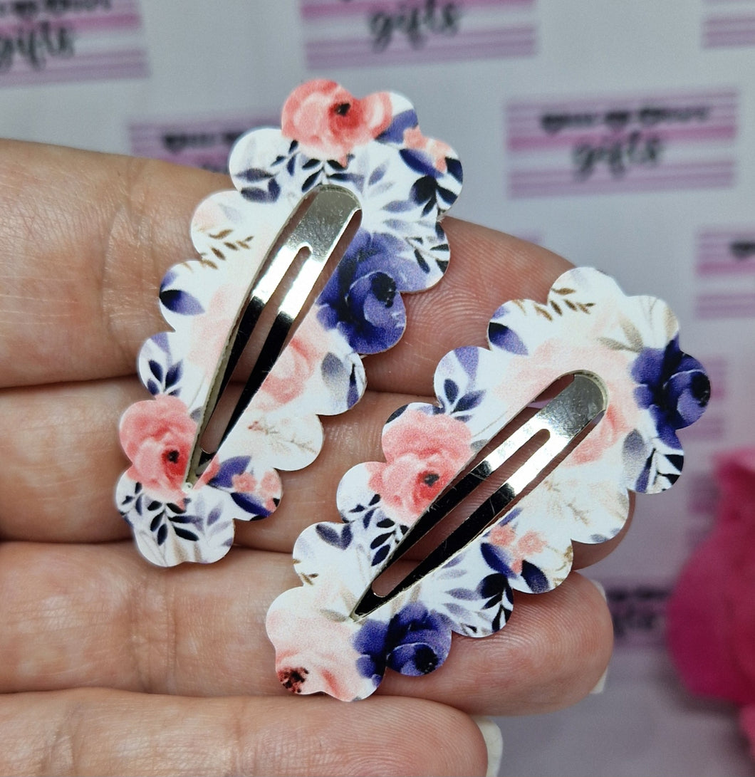 Pink and navy floral fringe clips