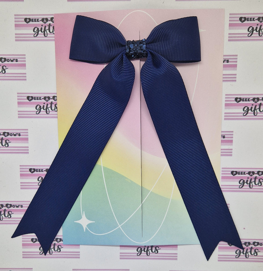 Small navy long tails ribbon bow