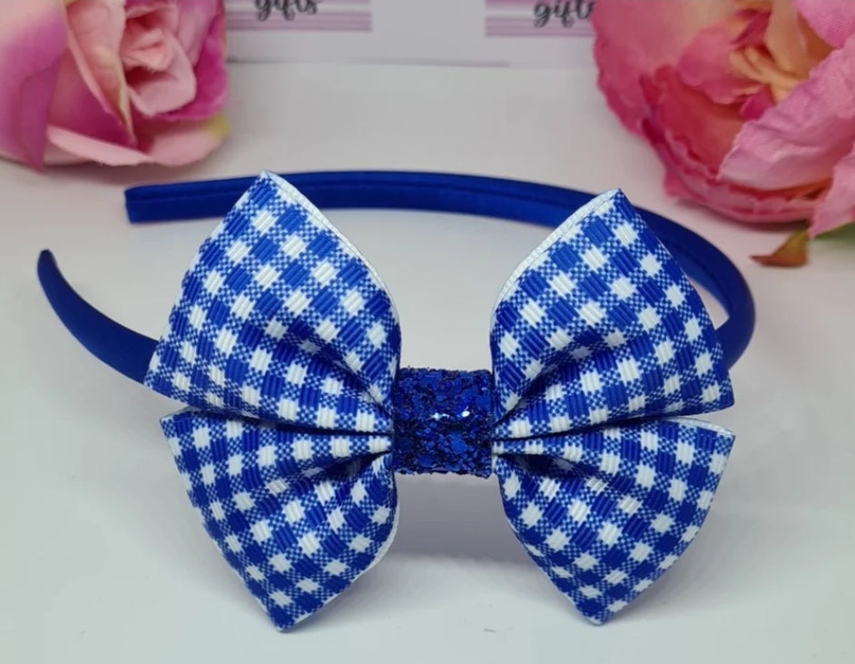 Royal blue gingham ribbon bow headband