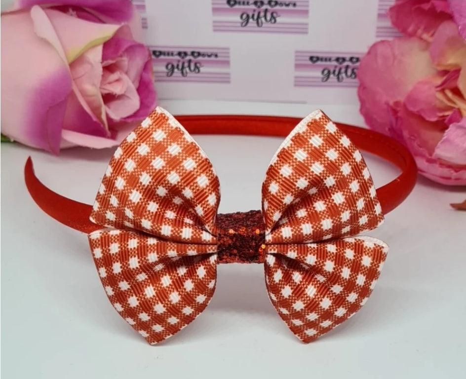 Red gingham ribbon bow headband