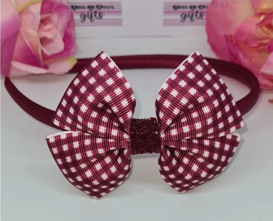 Burgundy gingham ribbon bow headband