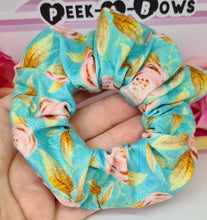 Load image into Gallery viewer, Pink and gold roses scrunchie
