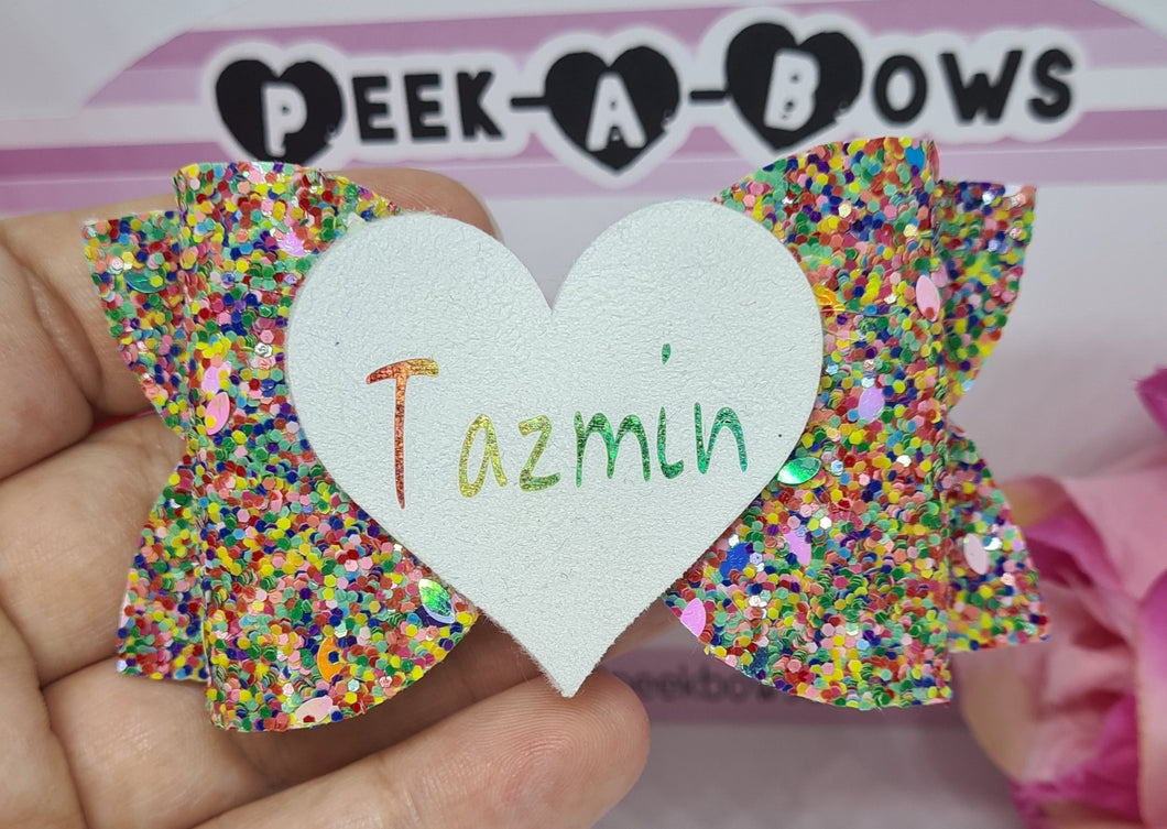 Personalised rainbow heart bow