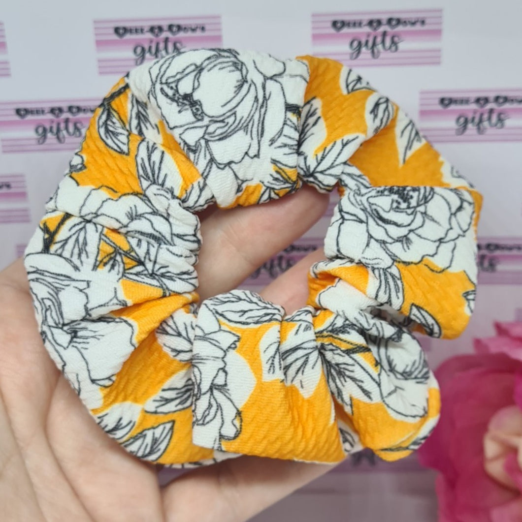 White rose on mustard scrunchie