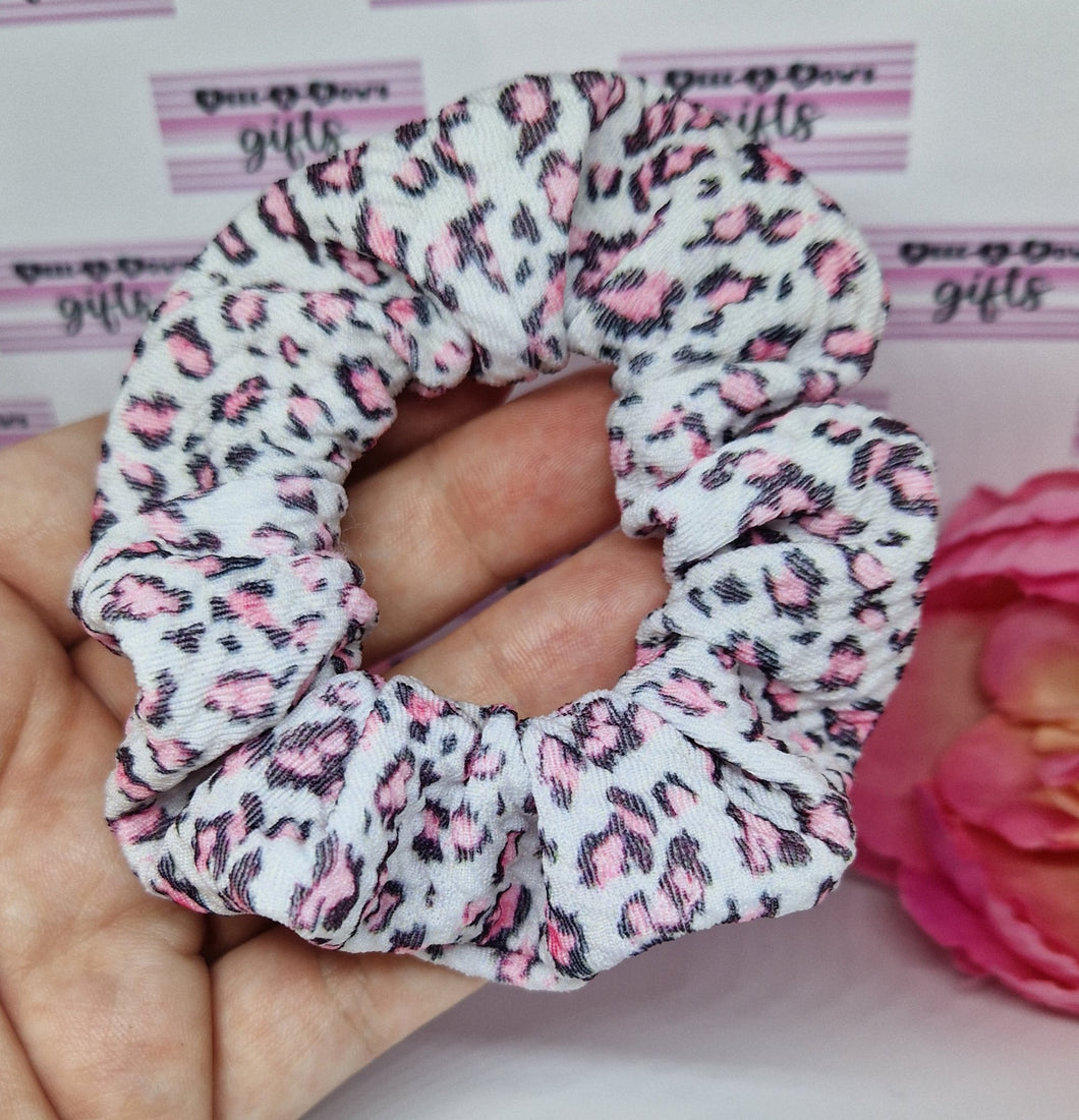 Pink and white leopard print scrunchie