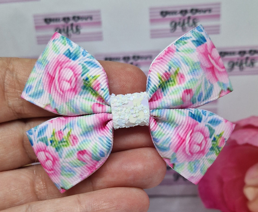 Pink and blue roses ribbon bow