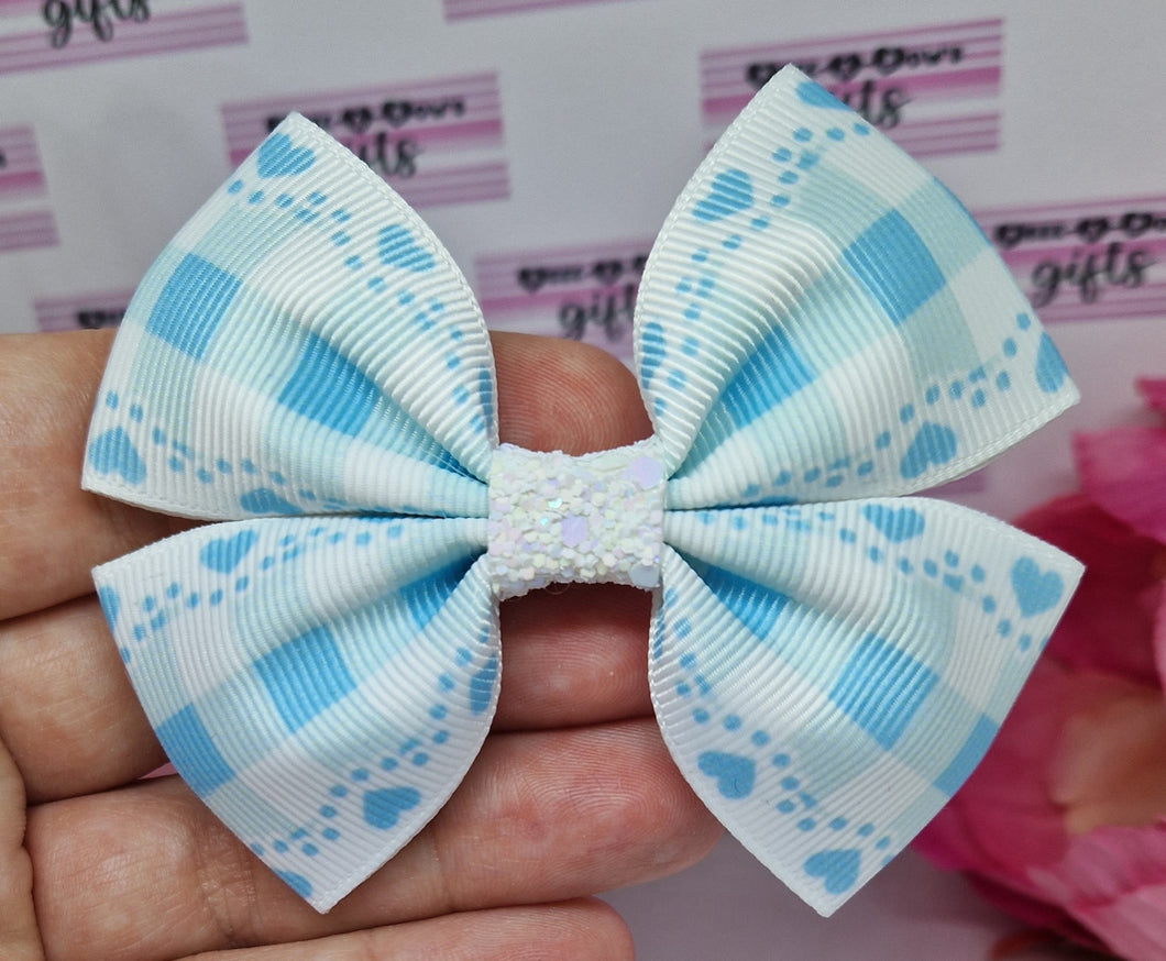 Medium light blue gingham hearts ribbon bow