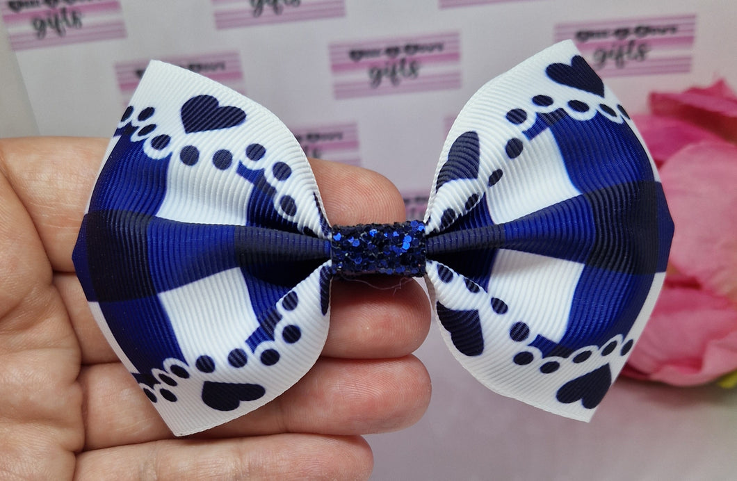 Large navy gingham hearts ribbon bow