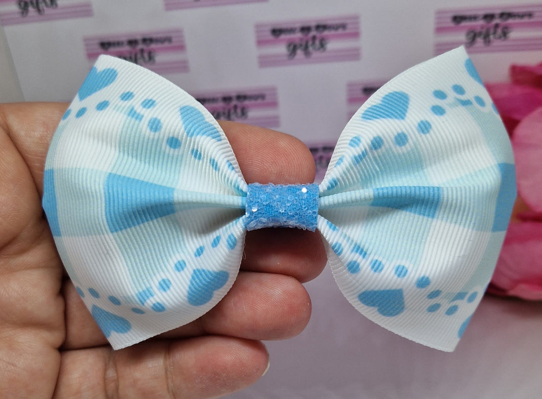 Large light blue gingham hearts bow