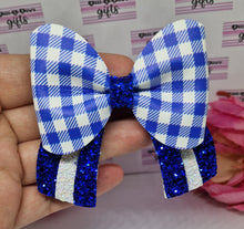 Load image into Gallery viewer, Royal blue gingham rainbow pinch bow
