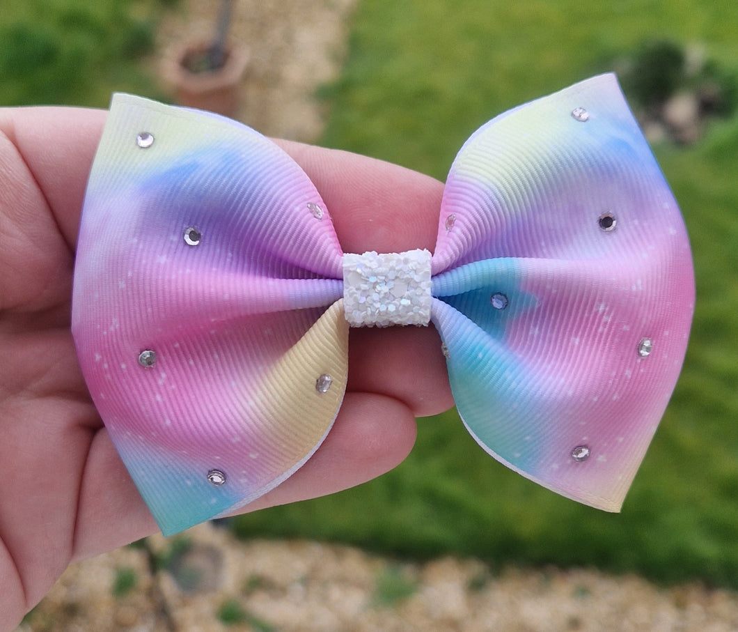 Large diamanté pastle rainbow ribbon bow