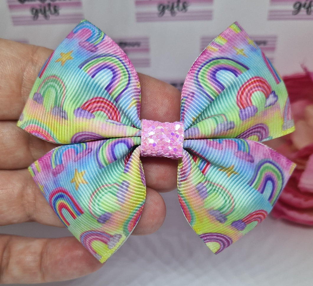 Medium pastel rainbows ribbon bow