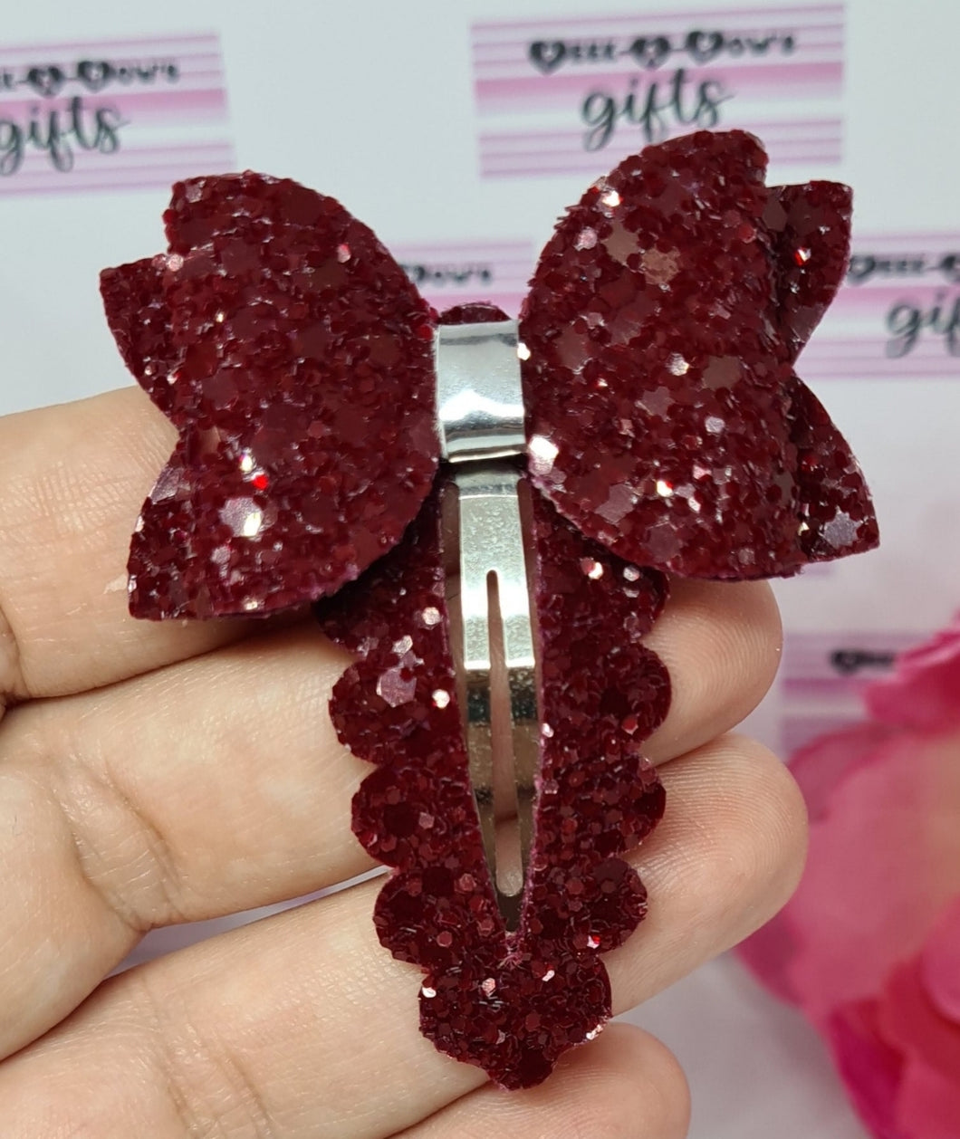 Burgundy glitter snap clip bow